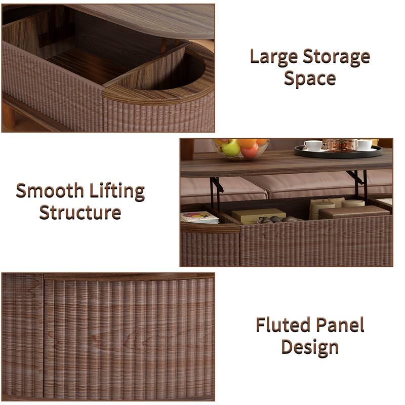 Fluted Lift Top Coffee Table with Hidden Compartment, Wooden Center Table, Modern Oval Lift Tabletop for Home Living Room