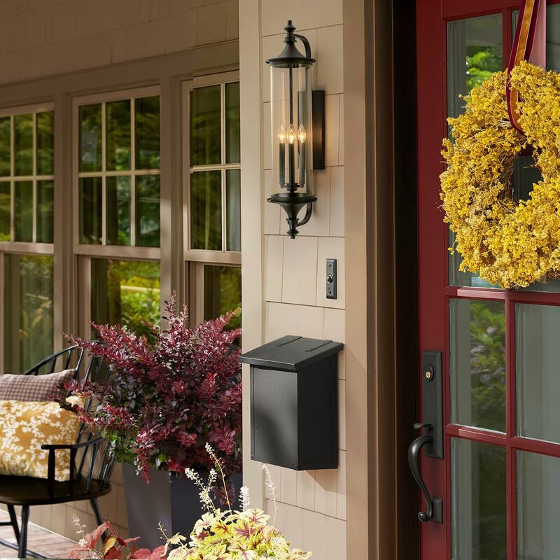 32.7" H 3-Light Industial Black Outdoor Hardwired Wall Lantern Sconce with Cylindrical Clear Glass for Home Outside