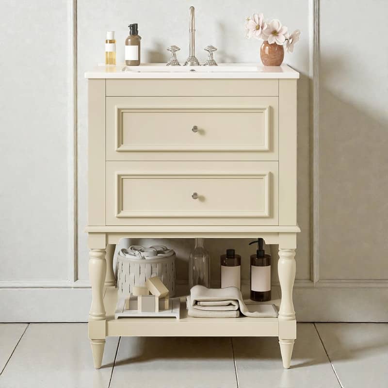 24" Bathroom Vanity with Ceramic Sink, Retro Open-Shelf Cabinet with 2 Drawers