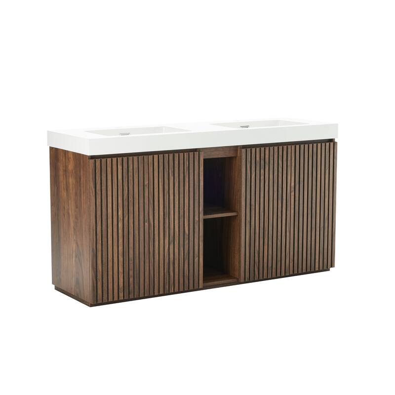 GDFStudio - Galan 60" Freestanding Bathroom Vanity with Quartz Sink, Solf Close Doors, Open Storage Shelf, NO Drain & Faucet