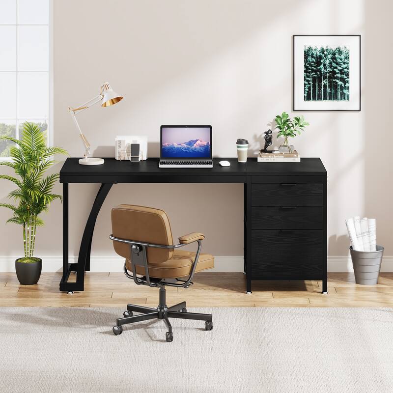 59 inch Reversible Computer Desk with 3 Drawer Cabinet, Industrial Study Writing Table Workstation for Home Office Bedroom