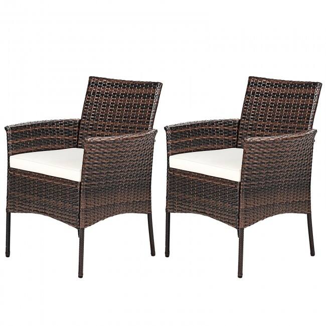 2 Pieces Rattan Arm Dining Chair Cushioned Sofa Furniture Patio - 25'' x 23'' x 33'' (L x W x H)