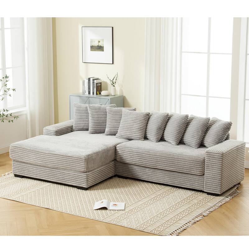 Oversized Corner Couch L-Shaped Corduroy Sofa Set with Left Chaise Daybed, Armrests, and Eight Throw Pillows