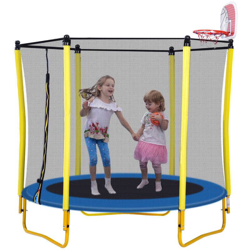 Toddler Trampoline - Safety Enclosure Net & Balls, Indoor Outdoor Mini Trampoline - Yellow - 65