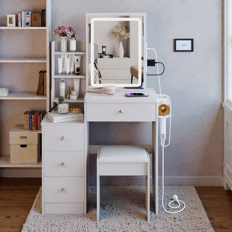 Small Vanity Table with Sliding LED Mirror, 2 AC & 2 USB Charging Station, Hair Dryer Holder & Stool for Bedroom