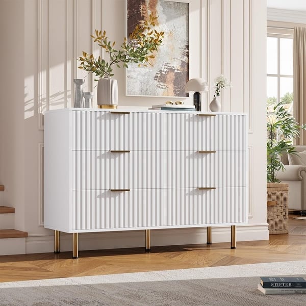 46" White 6-Drawer Fluted Dresser Metal Handles