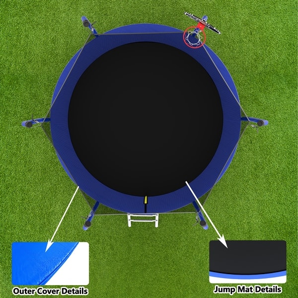 dimension image slide 1 of 2, 10 ft. Blue Round Outdoor Trampoline with Enclosure Net and Basketball Hoop