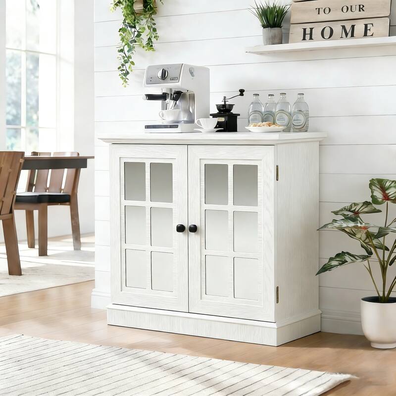 Anmytek 2 Door Acrylic Mirrored Sideboard Cabinet White Wood Grain - White