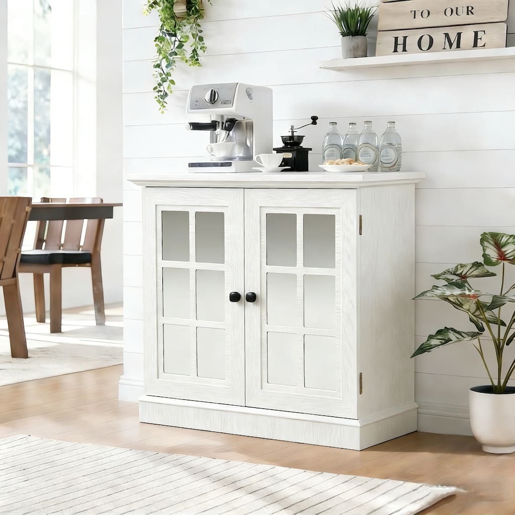 Anmytek 2 Door Acrylic Mirrored Sideboard Cabinet White Wood Grain