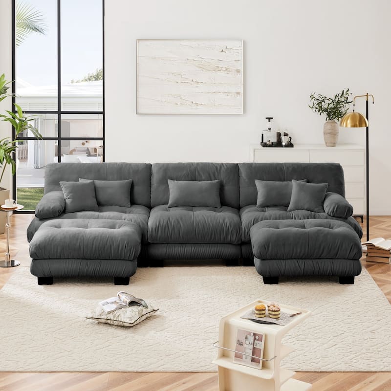 Modular U-shaped Deep Seat Sectional Sofa Couch with 2 Ottomans and Pillows - Grey