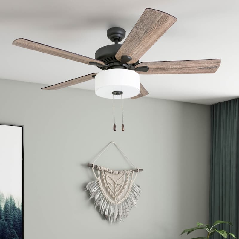 The Gray Barn Hatekin Farmhouse 52-inch Aged Bronze LED Ceiling Fan in Linen Drum Light in 3-speed Remote - Bronze - Hardwired