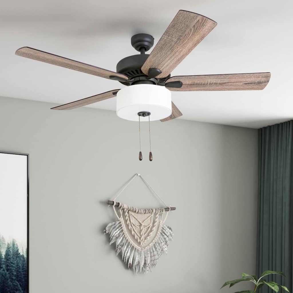 The Gray Barn Hatekin Farmhouse 52-inch Aged Bronze LED Ceiling Fan in Linen Drum Light