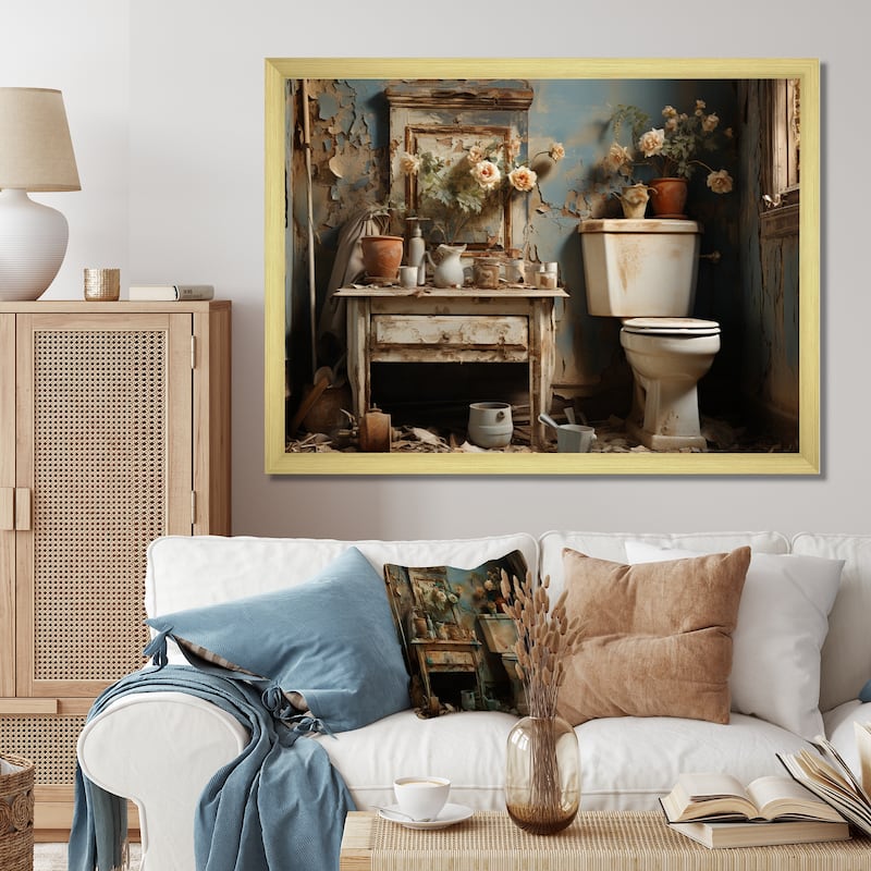 Designart "Bathroom Toilet Vintage Charm IV" Bath & Laundry Framed Canvas Wall Art - Gold - 40 in. wide x 30 in. high