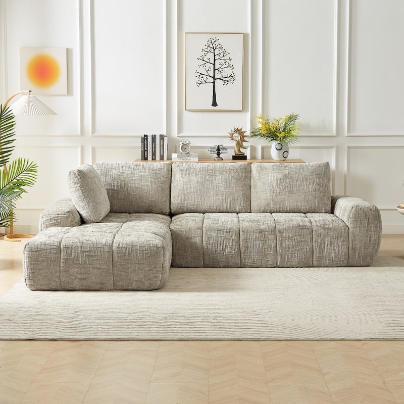 111.4" L-Shaped Mnimalist Faux Fur Sectional Oversized Sofa for Living Spaces - Khaki - Right Facing