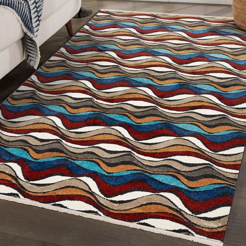Luxe Weavers Modern Abstract Waves Fringe Area Rug, Non-Shedding Carpet - 2' x 3'