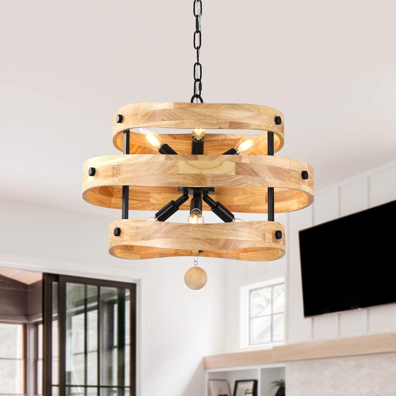 Bella Depot 20" 6-Light Solid Wood Rustic Chandelier Adjustable Pendant Light for Dining Room Bedroom