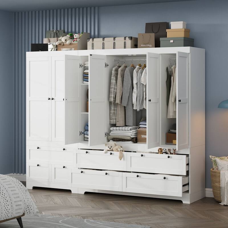 Gyomojoy Large White Wardrobe Closet with Drawers & Doors, Modular Armoire with Hanging Rods, Apartment & Dorm Storage