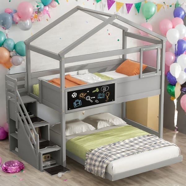 slide 2 of 19, Modern Twin Over Full House Bunk Bed With Storage Staircase And Blackboard,Sturdy Frame for Bedroom