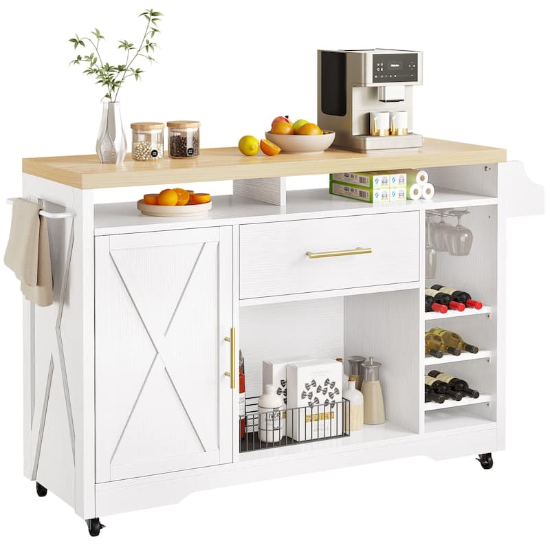 53 Inch Rolling Kitchen Island with Power Outlet And Wine Rack