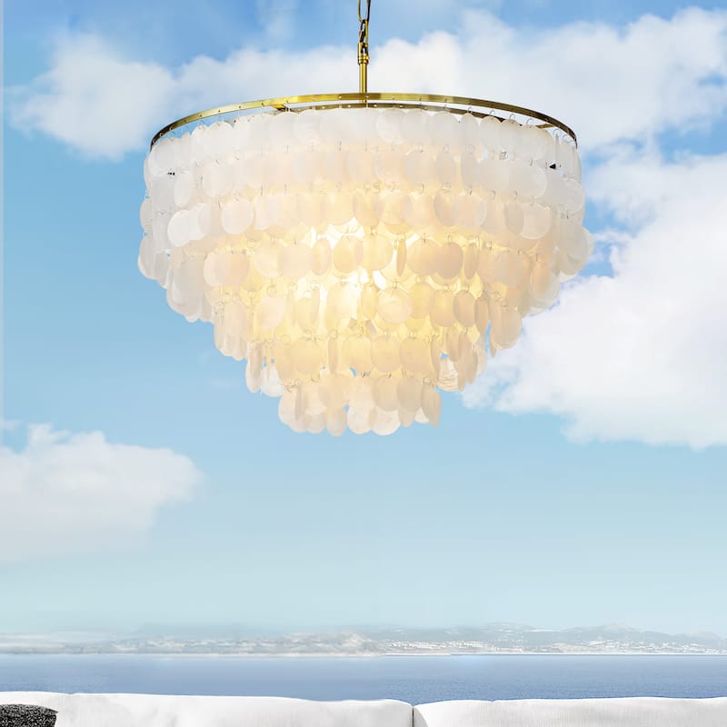 6-Light Coastal Natural Capiz Shell Tiered Chandelier With Antique Gold Metal