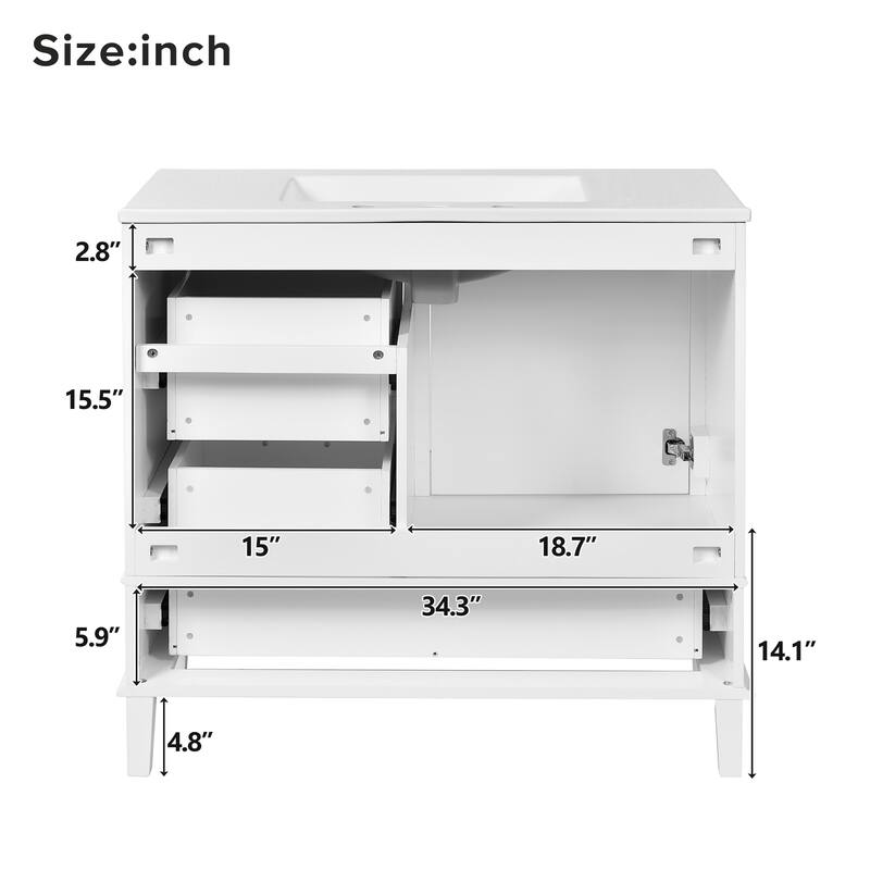 36" Bathroom Vanity with Solid Pine Frame, 1 Soft Close Door and 3 Drawers, Modern Storage Cabinet