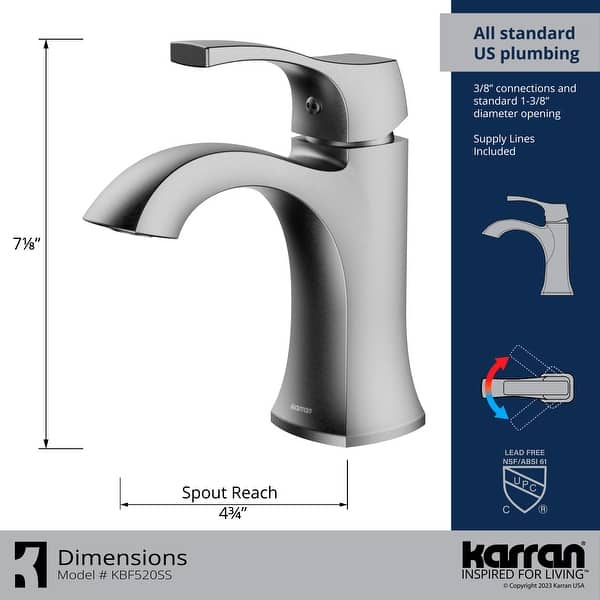 dimension image slide 0 of 4, Karran Randburg KBF520 Single-Handle Single Hole Basin Bathroom Faucet with Matching Pop-up Drain