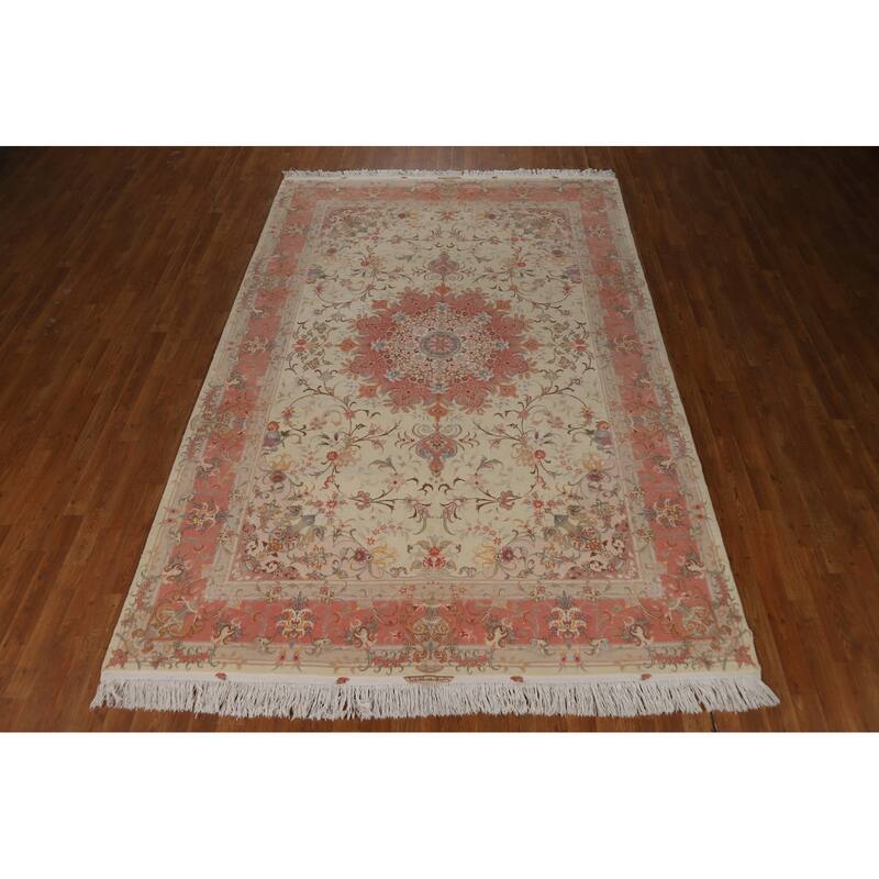 Wool & Silk Tabriz Persian Area Rug Hand-Knotted Floral Carpet - 6'6"x 9'8"