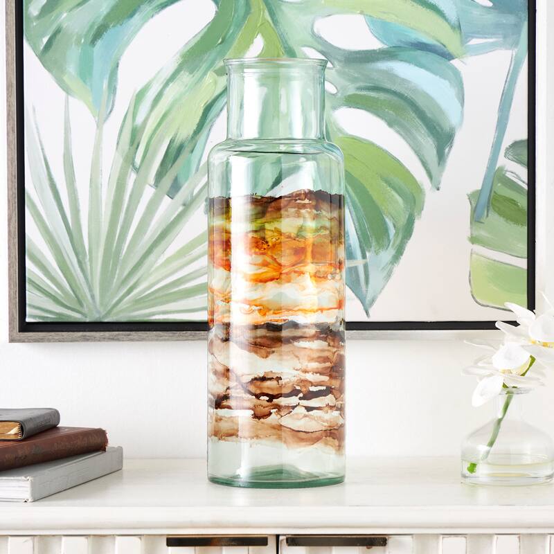 Clear Recycled Glass Abstract Vase with Swirled Colored Glass Bands - Clear - 6"W, 18"H