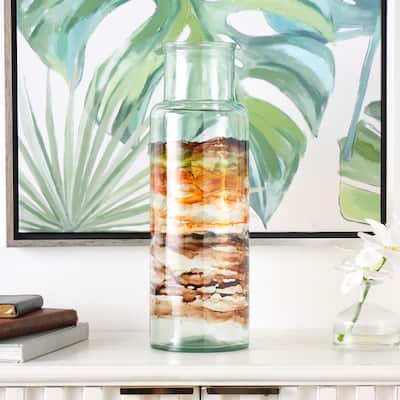 Clear Recycled Glass Abstract Vase with Swirled Colored Glass Bands