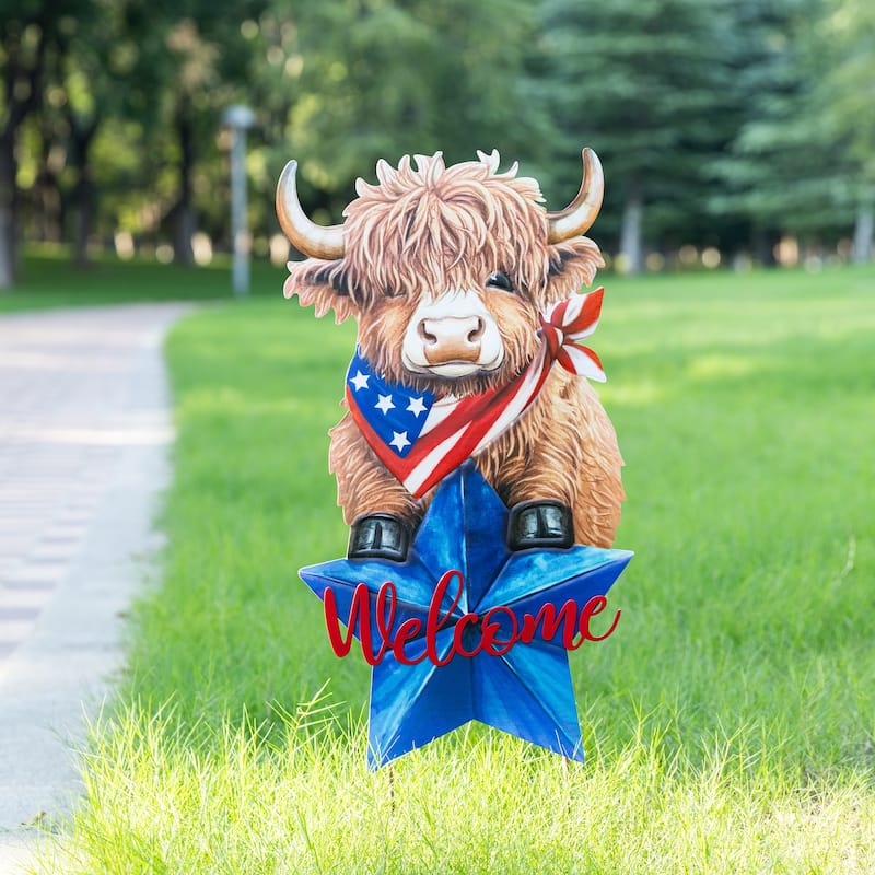 Glitzhome 30"H Patriotic/ Americana Metal Highland Cow Yard Stake Wall Decor