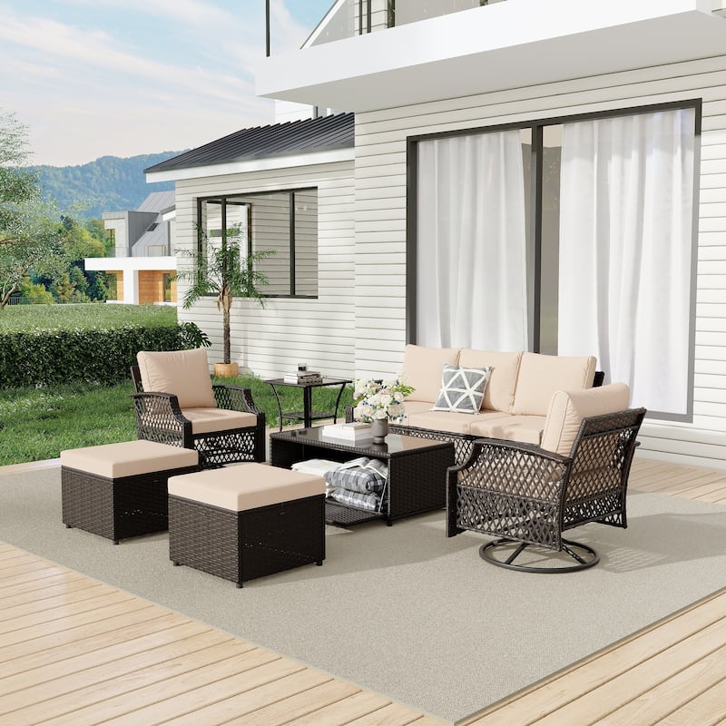 Outdoor Wicker Patio Set w Swivel Chairs & Sofa, Ottomans and Tables, Modular 3/5/6/7-Piece, All-Weather Conversation Set. - 7-Piece: Table & Sofa - Khaki