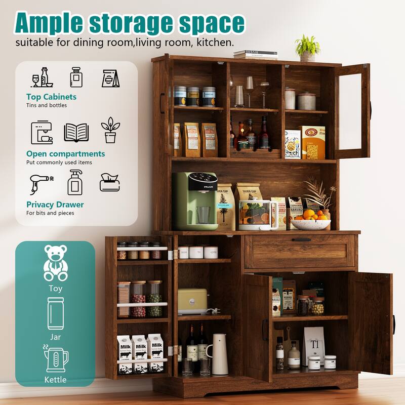 3-Door Storage Cabinet with Drawer & Adjustable Shelves - Freestanding Storage Organizer for Kitchen, Pantry, or Dining Room