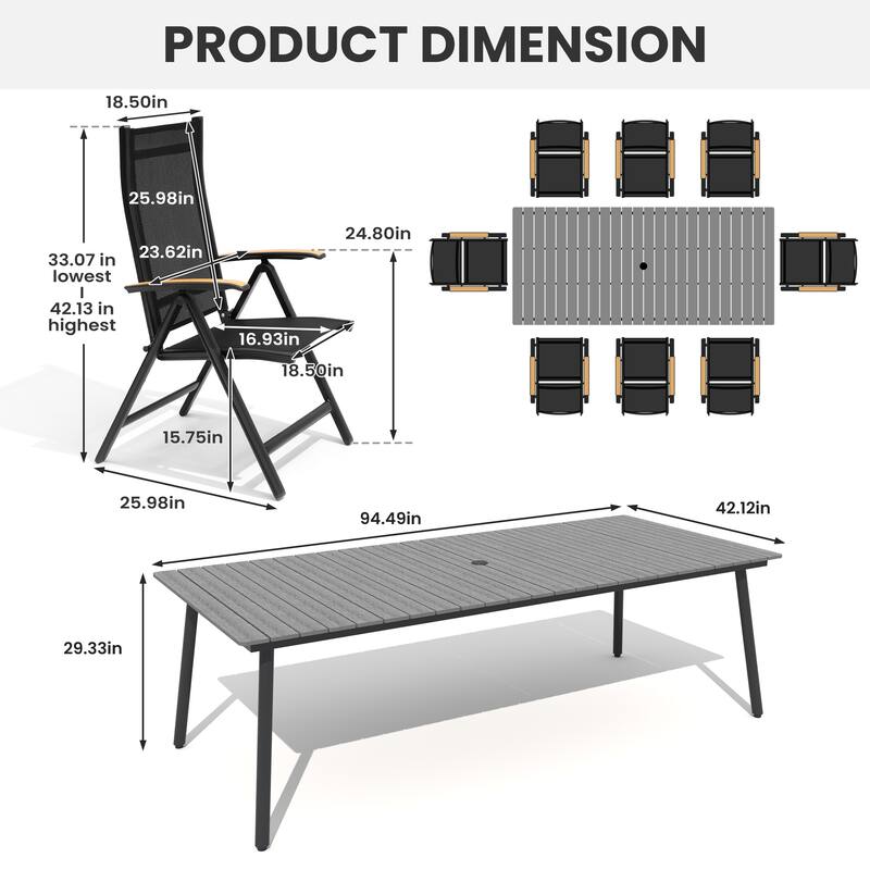 7/9-Piece Outdoor Aluminum Patio Dining Set Adjustable Folding Chairs and Dining Table with Umbrella Hole