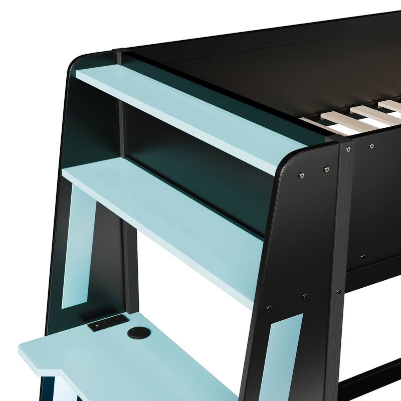 Gaming Bunk Bed with Computer Desk, Storage Shelves, USB Port and LED Strip Lighting, Esports Design, Wooden Gaming Bed