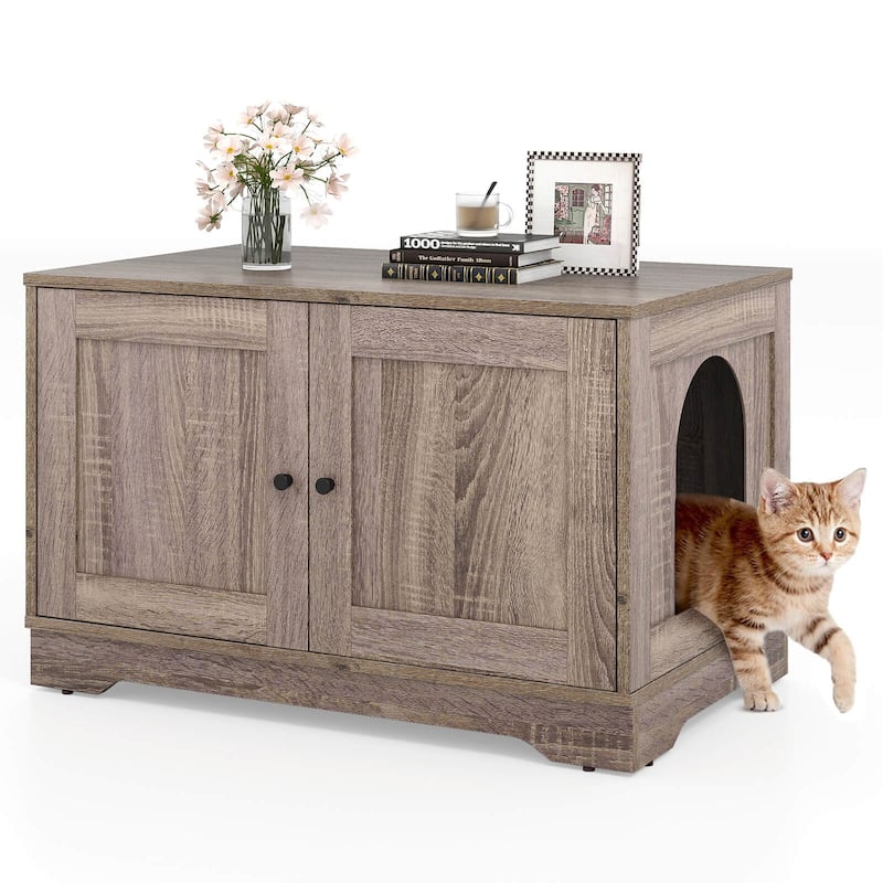 Costway Cat Litter Box Enclosure Furniture with Double Doors Divider - See Details - Grey