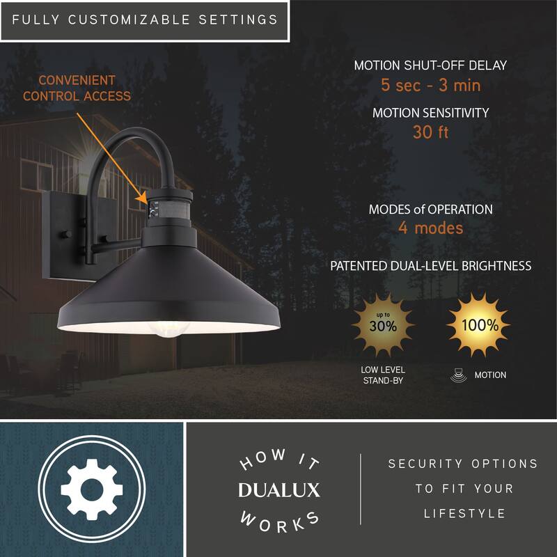 VAXCEL Highland Park Matte Black and White Motion Sensor Dusk to Dawn Outdoor Wall Sconce Light Fixture, Steel Shade