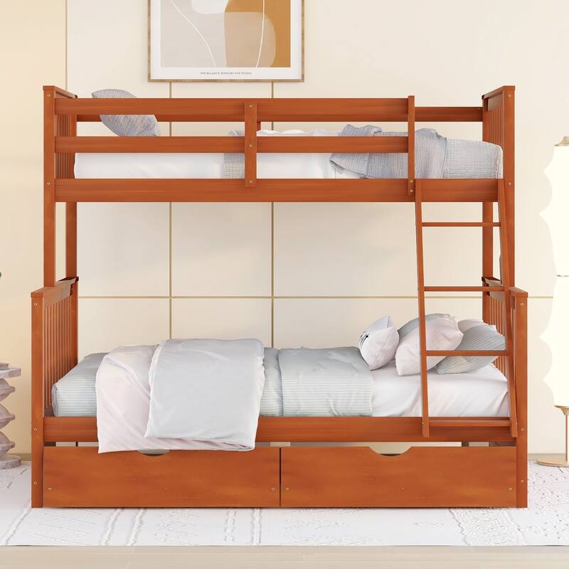 Twin-Over-Full Bunk Bed with 2 Storage Drawers and Ladder, Convertible 2 in 1 Wood Bedframe for Bedroom, Dorm, for Teens, Adults - Walnut - Full