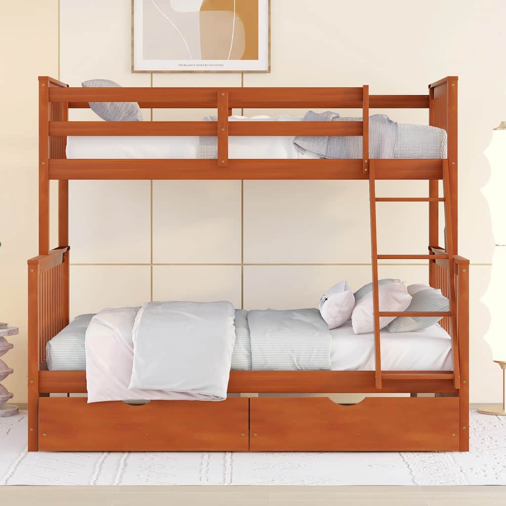 Twin Over Full Solid Pinewood Bunk Bed with Ladders and 2 Drawers, Divided Into Twin Size Upper Bed and Full Size Bottom Bed
