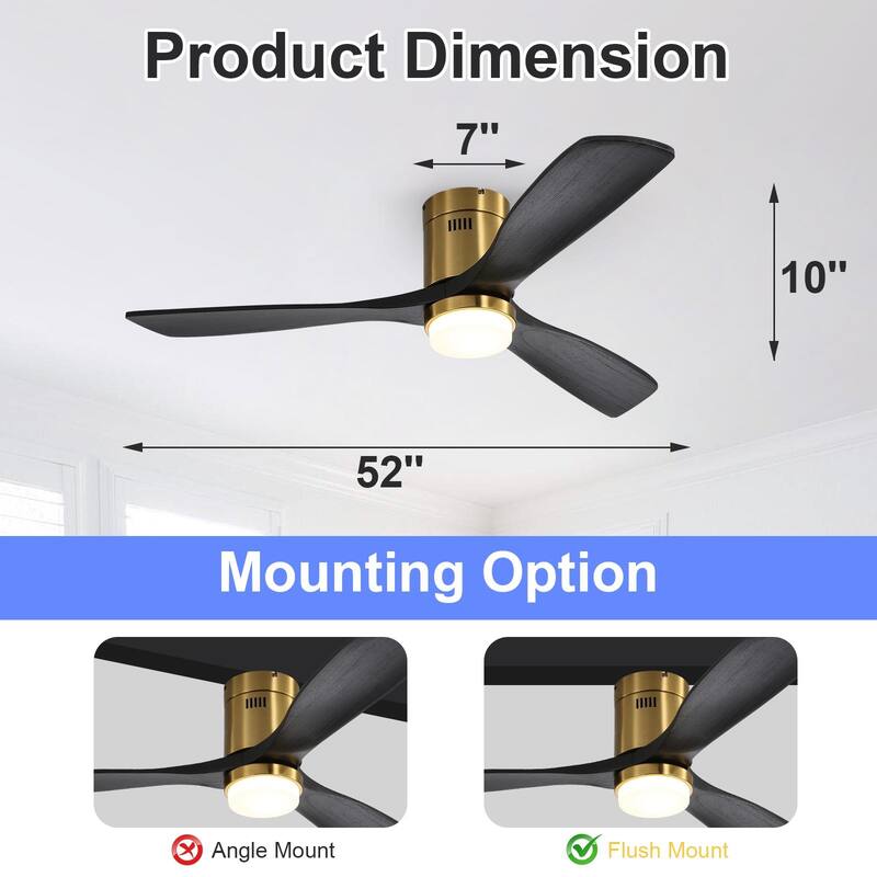 Sofucor 52 Inch Flush Mount Ceiling Fan with Remote, Reversible Motor,Integrated Light Optional