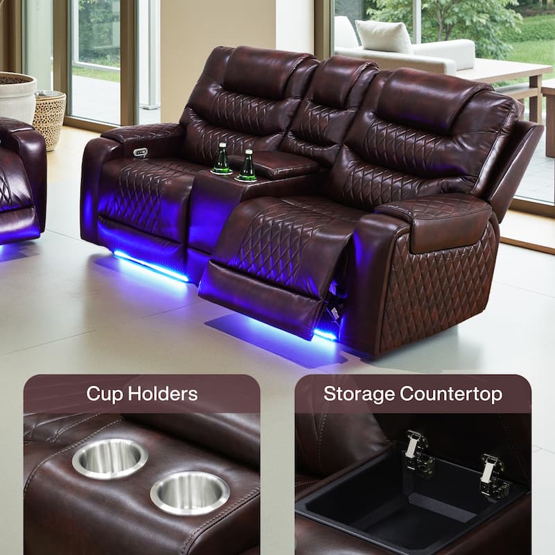 Dark Brown Breathing Leather 3-Piece Couch Recliner Sofa Set