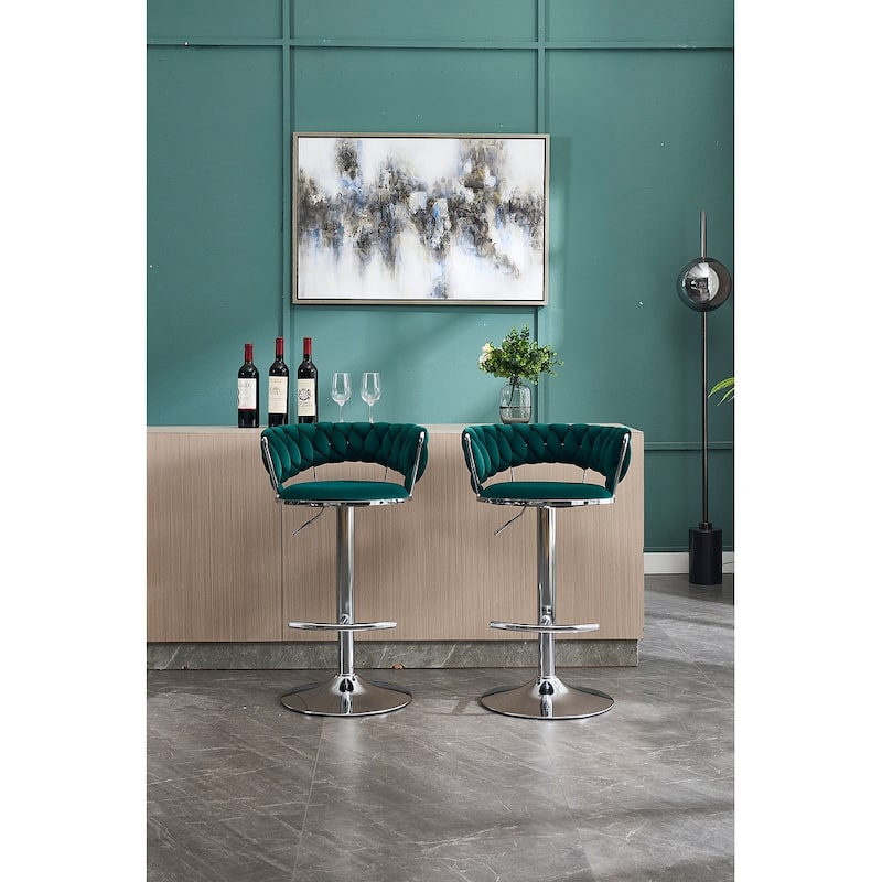 Set of 2 Adjustable Swivel Bar Stools, Green Velvet with Chrome Footrest & Chrome Legs