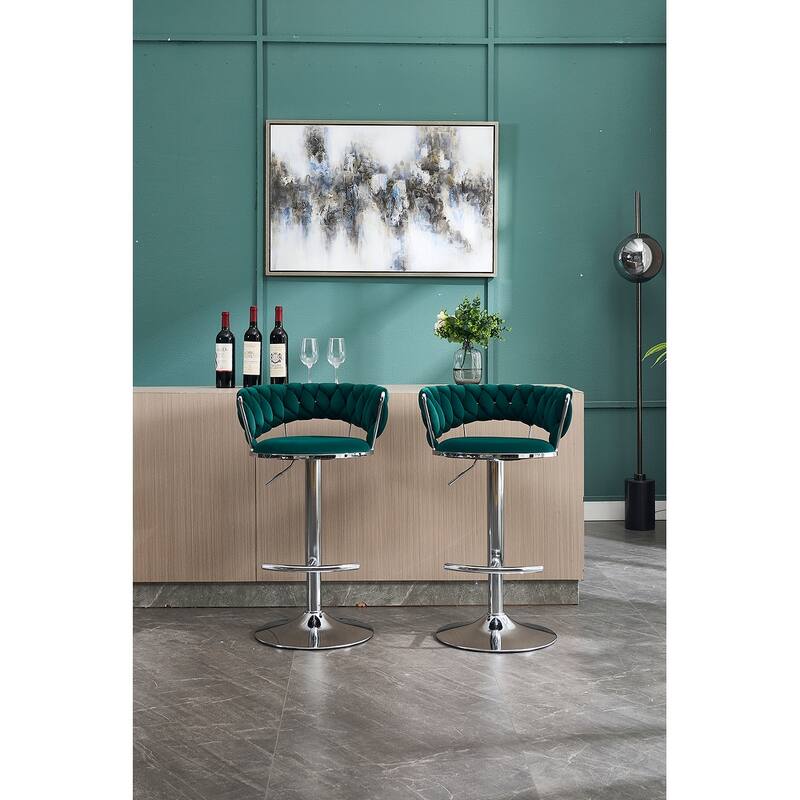 Set of 2 Bar Stools,with Chrome Footrest and Base Swivel, Height Adjustable, Velvet Upholstered + Chrome Leg Simple Bar Stool