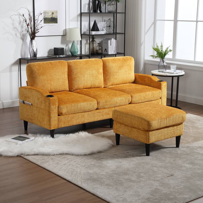 Modular Sectional Sofa with Storage Ottoman, Comfy Chenille Fabric Sofa, 3-Seater Sofa with Side Pockets & 2 Cup Holders