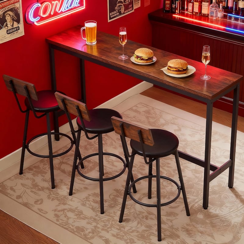 Bar Table and Chairs Set for 3, 4 Piece Industrial Dining Table Set with 3 PU Upholstered Bar Stools