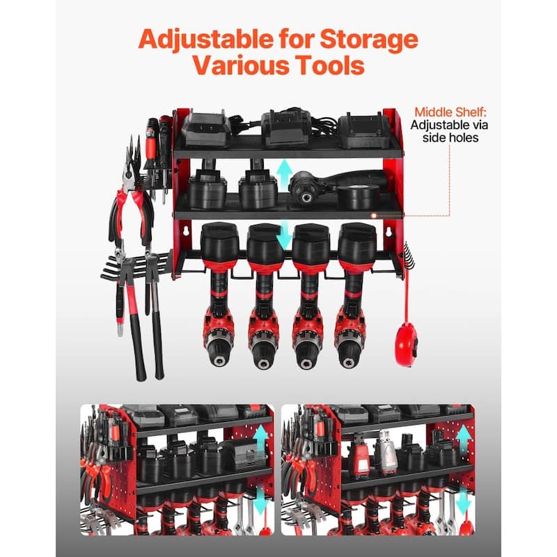 3-Tier Wall Mounted Power Tool Rack with Adjustable Shelf and 4 Drill Slots Pegboard Hooks - 23.31” x 8.66” x 12.01”