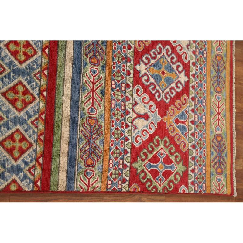 Hand Knotted Oriental 100% Wool Carpet Traditional All-Over Multi-Colored Kazak Runner Rug - 13' 10'' X 2' 6''