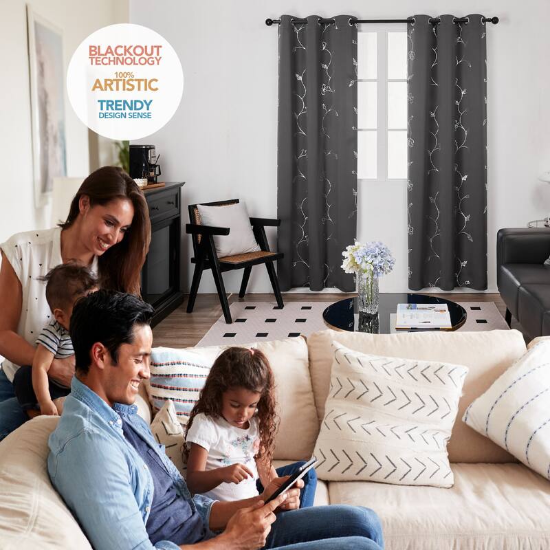 Deconovo Room Darkening Silver Floral Curtains (2 Panels)