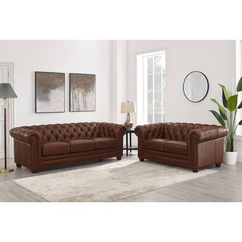 Hydeline Aliso Top Grain Leather Chesterfield Sofa Set, Sofa and Loveseat - Sofa, Loveseat