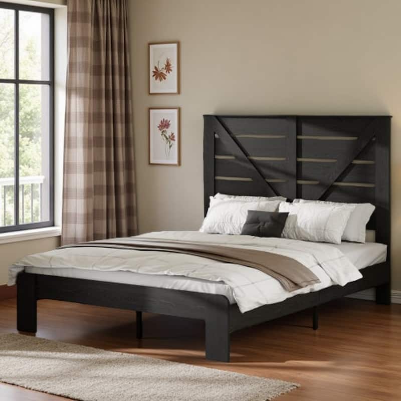 King Size Wood Platform Bed Frame with Headboard, Metal Support, Industrial Style, Noise-Free, No Box Spring Required