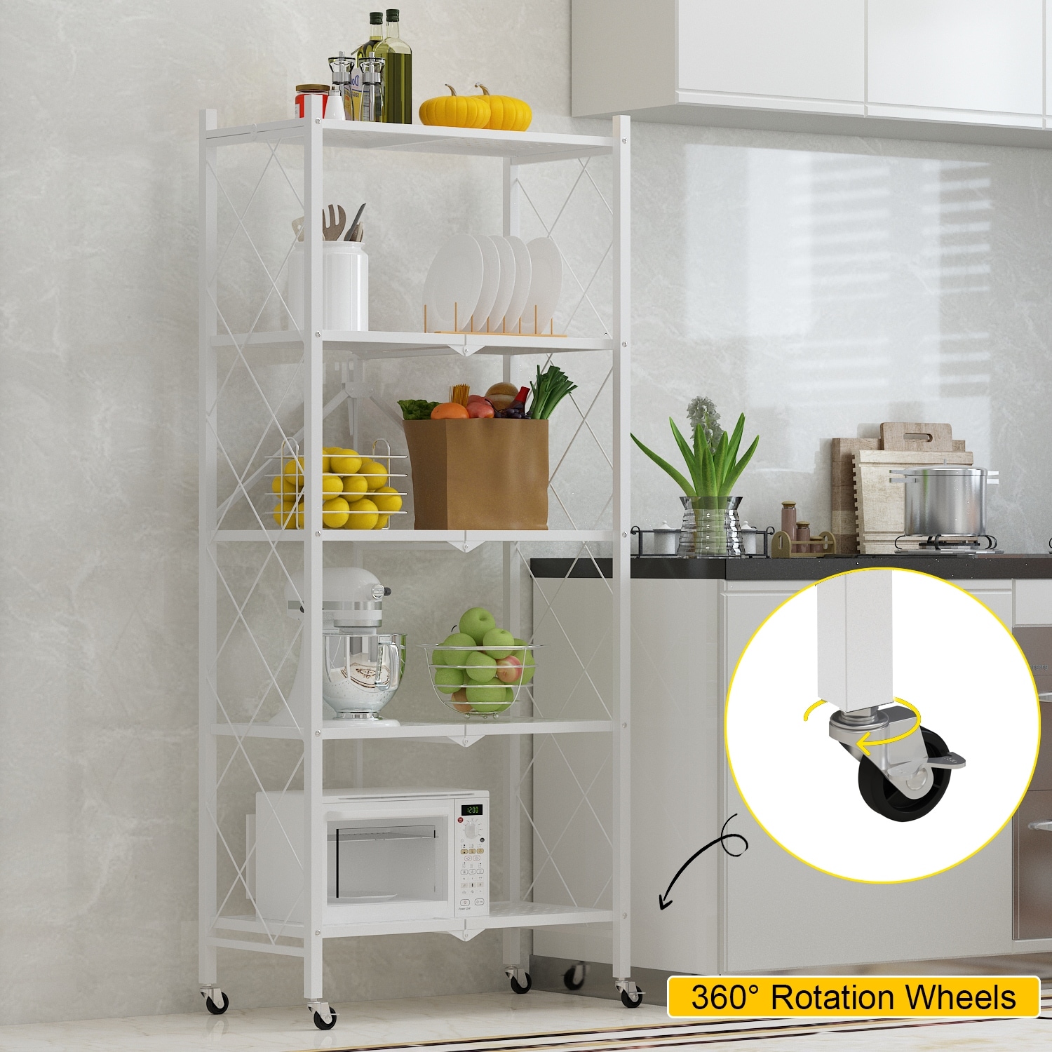 (White) 5 Tier Metal Folding Storage Shelf With Wheels